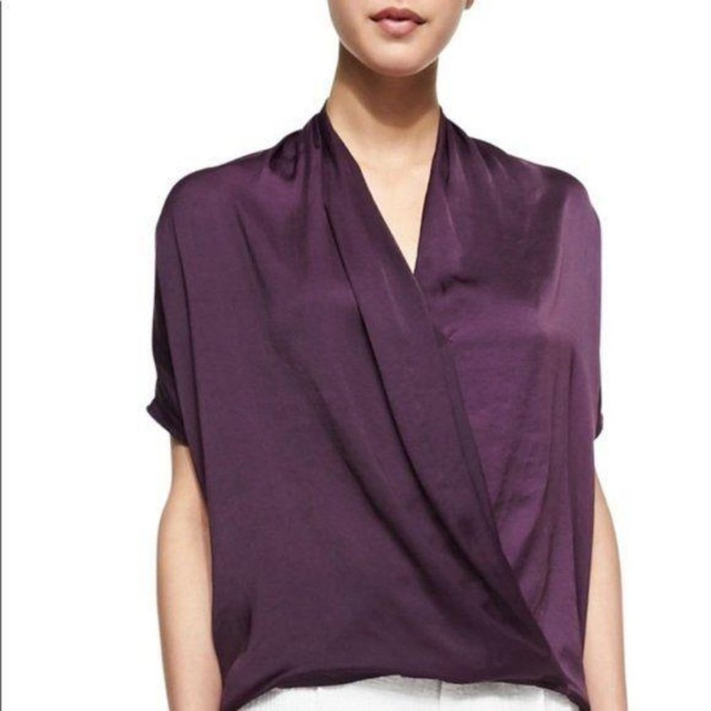 Vince Purple Satin Drape Faux Wrap Blouse Top